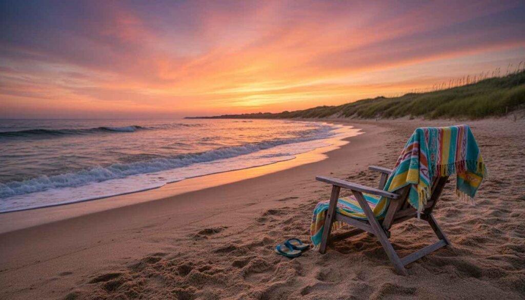 Sunset over a Long Island beach in Nassau County with a wooden chair facing the ocean