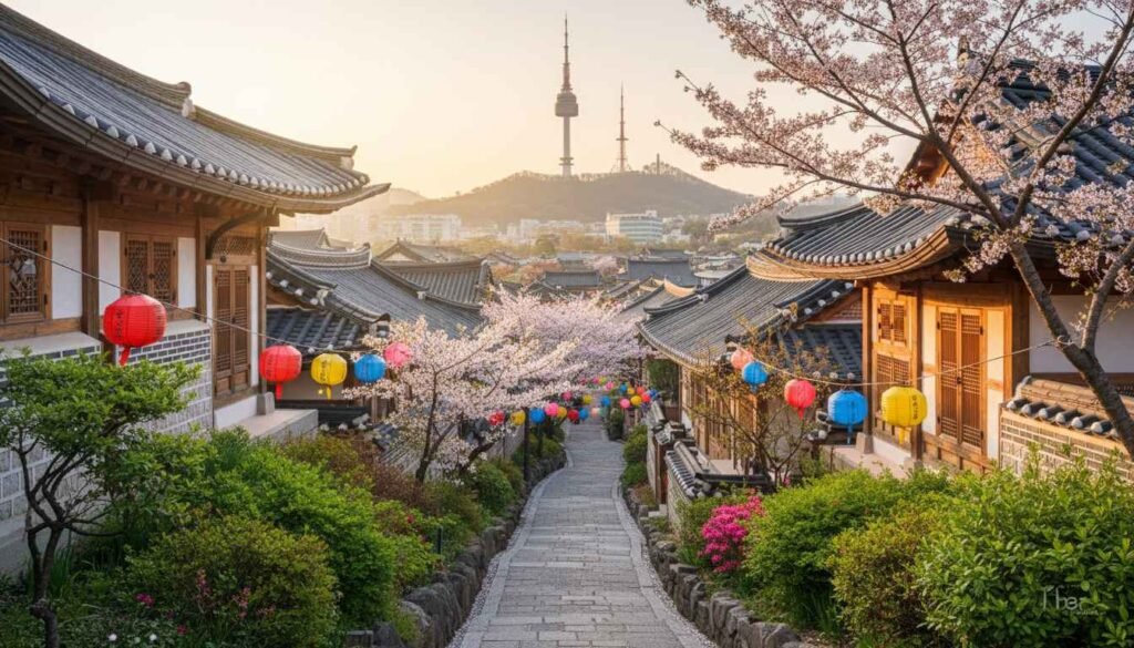 Traditional Korean street with lanterns and cherry blossoms in Seoul, N Seoul Tower in the distance
