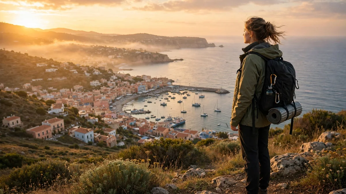 Solo traveler with a backpack standing on a hilltop overlooking a coastal town at sunrise