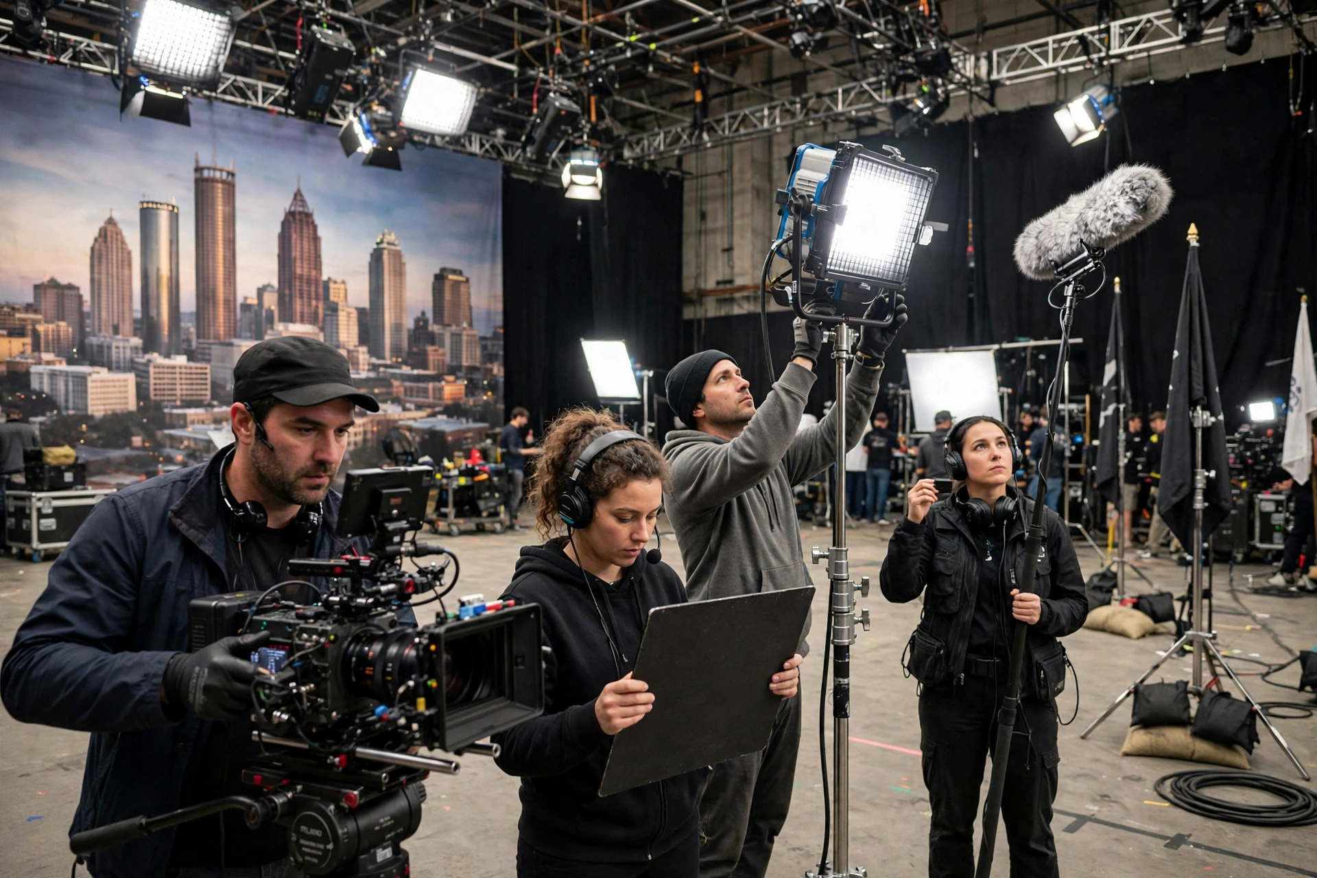 Film crew at work on a production set in Atlanta, Georgia