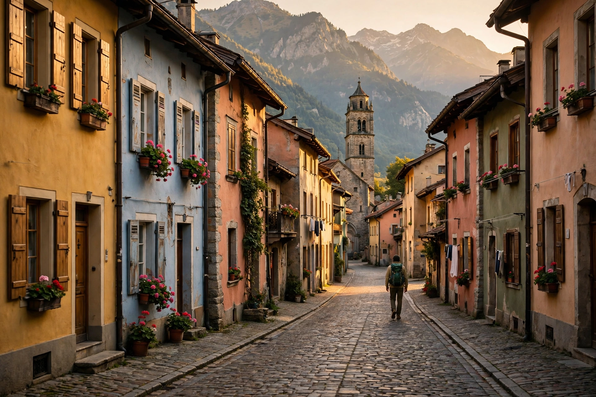 A traveler walking down a quiet cobblestone street in a small colorful European old town at golden hour