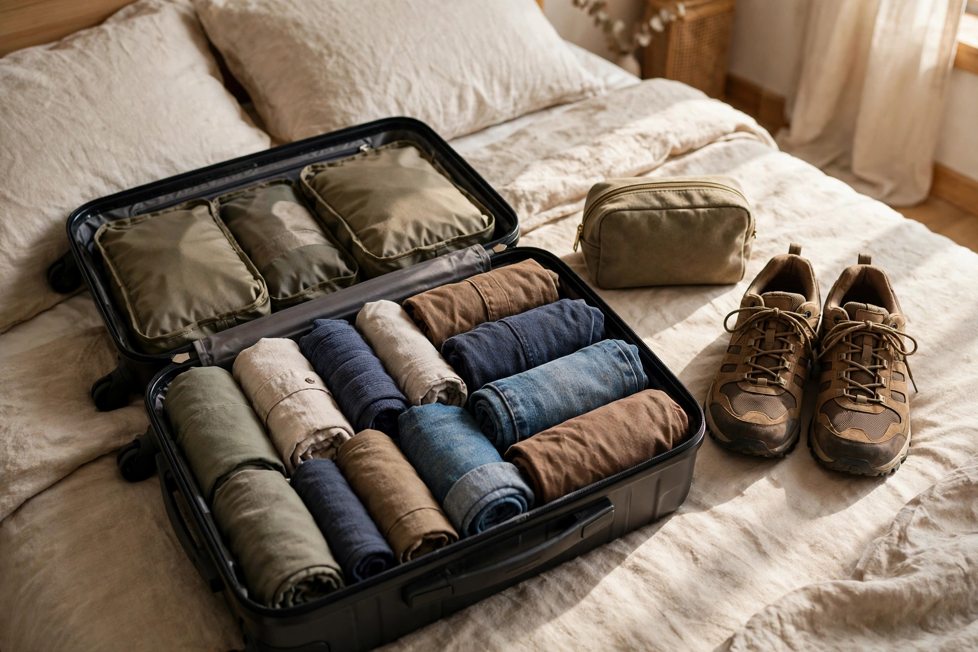 Neatly packed carry-on suitcase with rolled clothes and travel essentials