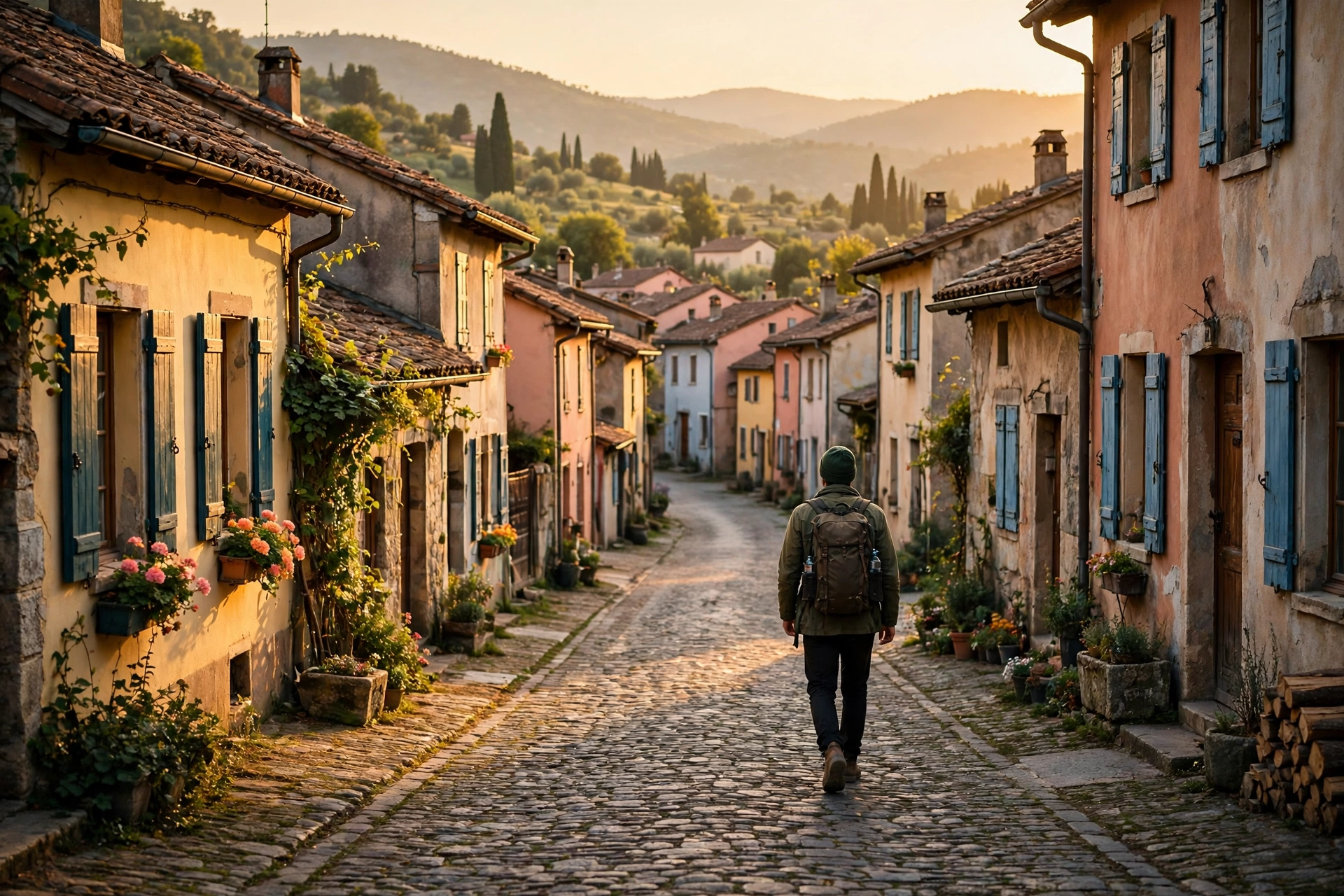 Traveler with a backpack walking slowly down a quiet cobblestone village street at golden hour