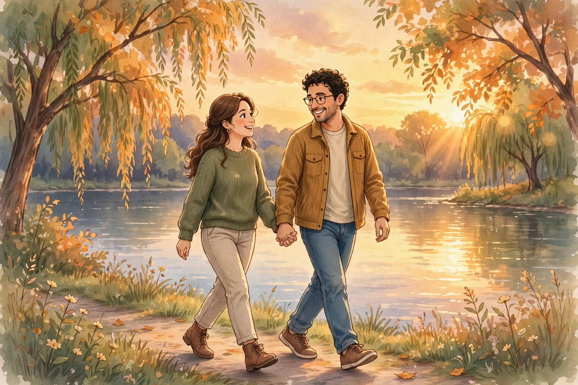 Happy couple holding hands while walking together at sunset