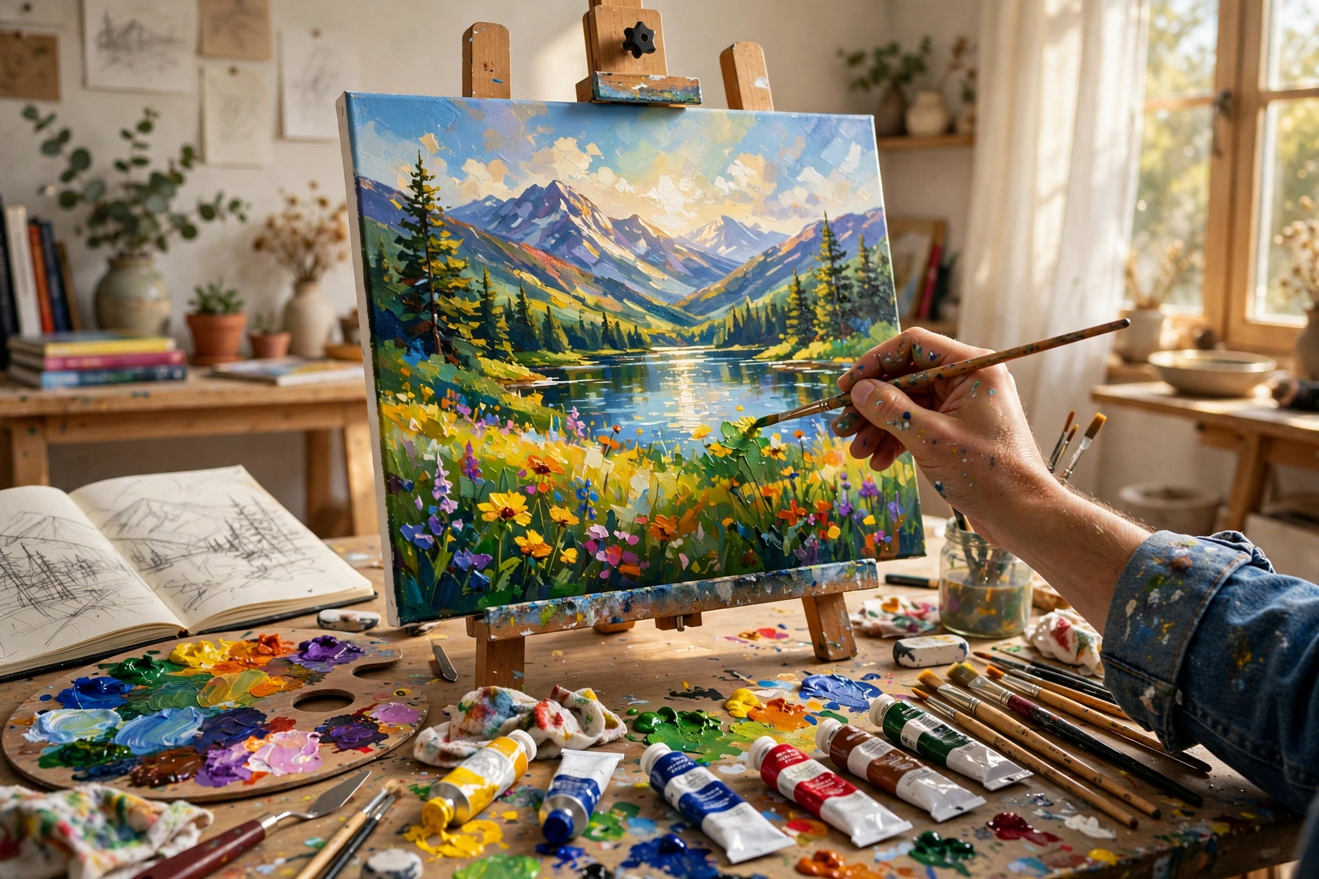 Artist painting a beautiful landscape, showing how humans create beautiful and amazing things