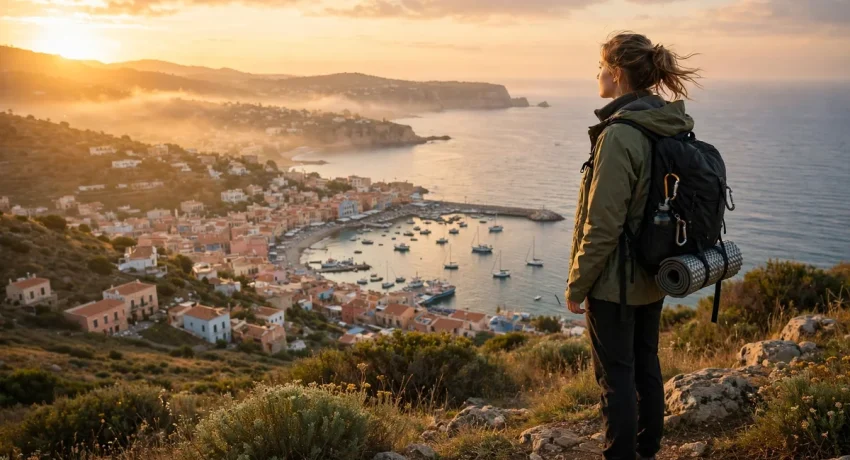 Best Travel Mistakes to Avoid on Your First Solo Trip Solo traveler with a backpack standing on a hilltop overlooking a coastal town at sunrise