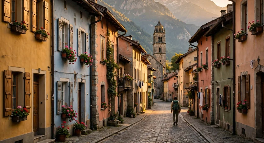 A traveler walking down a quiet cobblestone street in a small colorful European old town at golden hour