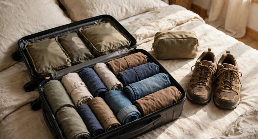 Neatly packed carry-on suitcase with rolled clothes and travel essentials