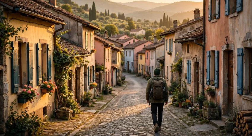 Traveler with a backpack walking slowly down a quiet cobblestone village street at golden hour
