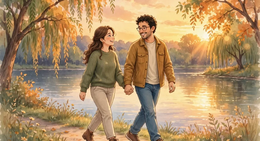 Happy couple holding hands while walking together at sunset