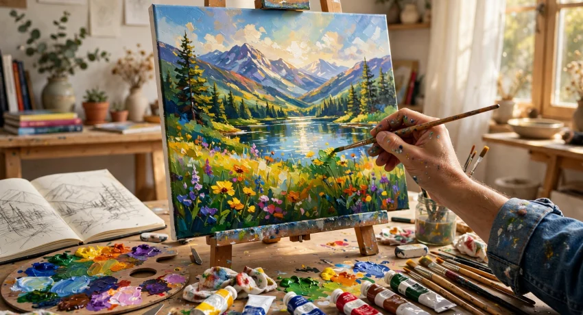 Artist painting a beautiful landscape, showing how humans create beautiful and amazing things